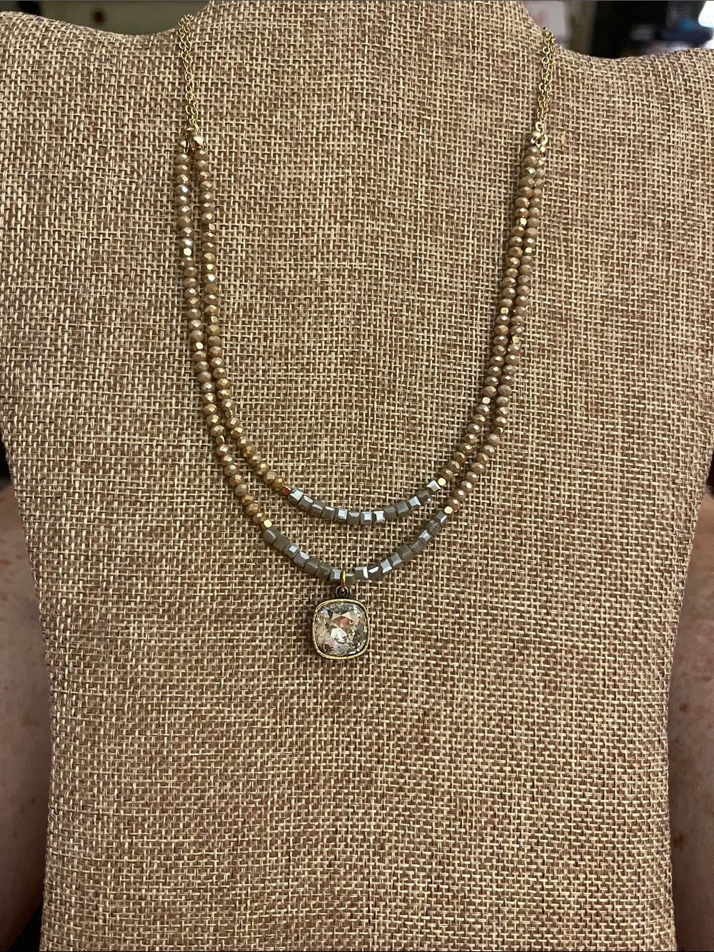 Pink Panache Gold and Beige Layered Beaded Necklace with Crystal Charm